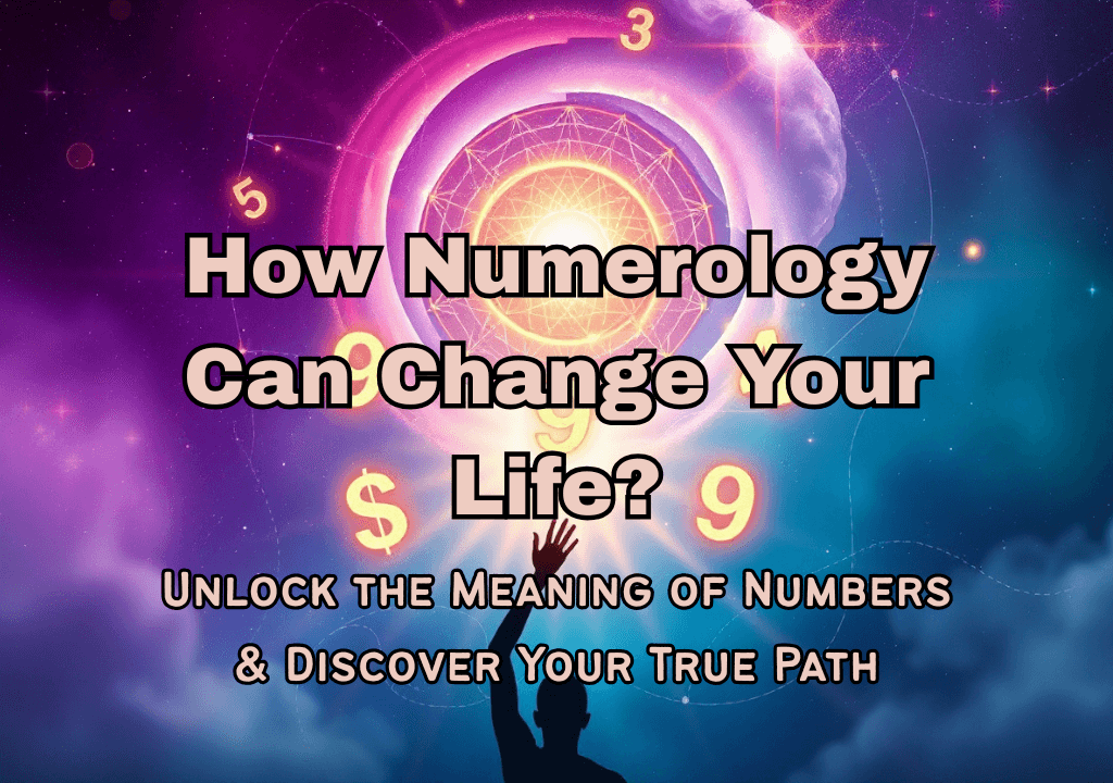 A silhouette of a person reaches towards a glowing, circular portal. Numbers and cosmic elements surround the portal. The text asks "How Numerology Can Change Your Life?