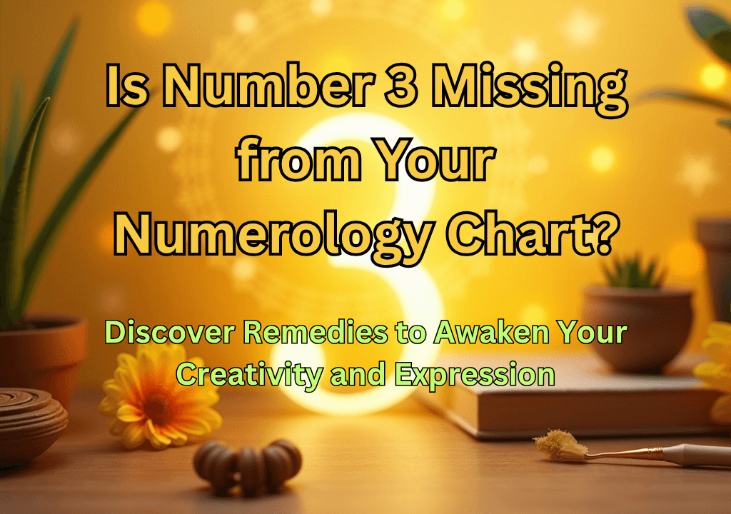 A warm, golden-yellow image features a large, glowing number "3" as the focal point. Various potted plants, a yellow flower, and other decorative items are blurred in the foreground and background. The text asks: "Is Number 3 Missing from Your Numerology Chart? Discover Remedies to Awaken Your Creativity and Expression.