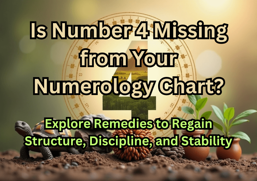 A detailed image features a large, transparent number "4" with a serene landscape inside. In the foreground, a small turtle, various natural elements, and two potted green plants sit on earthy ground. The text asks: "Is Number 4 Missing from Your Numerology Chart? Explore Remedies to Regain Structure, Discipline, and Stability.