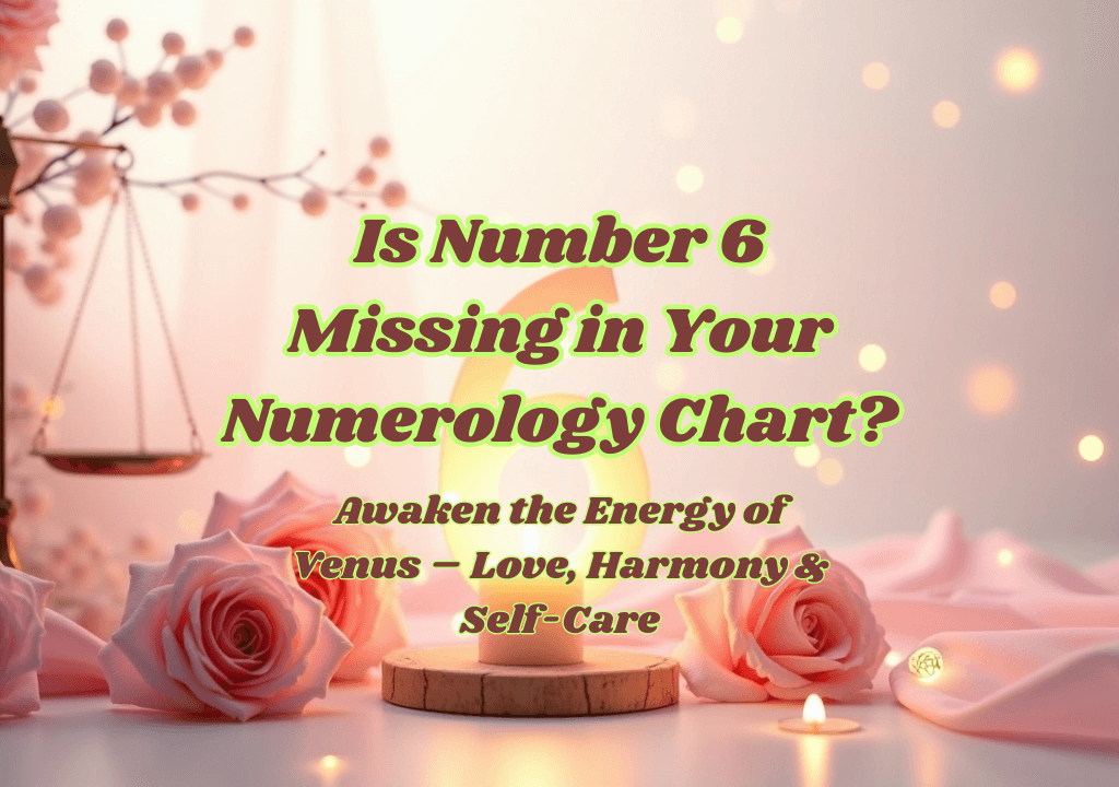 A soft, warm-toned image featuring the glowing number 6 in the background. In the foreground, delicate pink cherry blossoms hang from a branch on the upper left, while a brass scale of justice hangs near them. Below, three soft pink roses are arranged, with one on the left, one in the center (resting on a wooden coaster with a small white candle), and one on the right. A draped pink fabric flows across the bottom. The scene is illuminated by gentle bokeh lights.