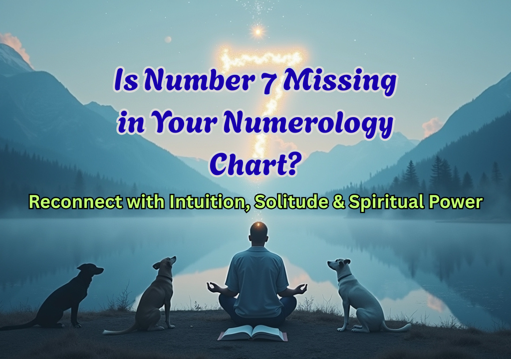 A person meditates by a tranquil lake. Three dogs accompany them. Mountains frame the calm water. The number 7 glows brightly in the sky.