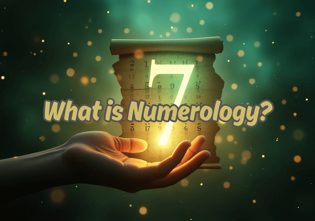 An open hand holds a glowing scroll. The number 7 illuminates the scroll. Golden particles float around it.