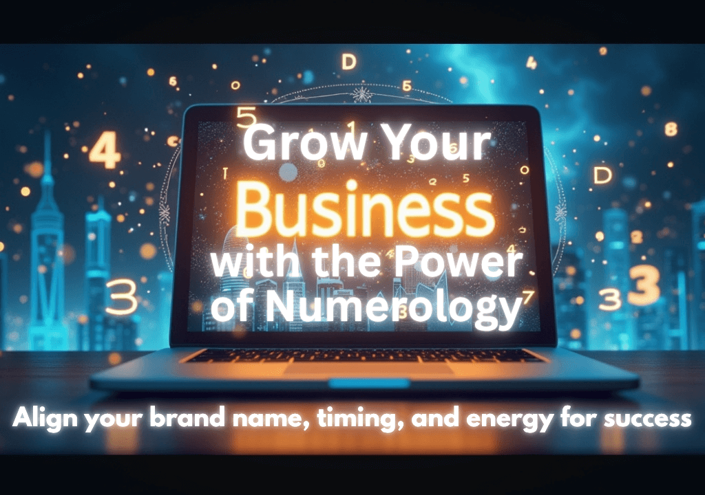 A laptop screen displays "Grow Your Business with the Power of Numerology." A city skyline with glowing numbers frames the laptop