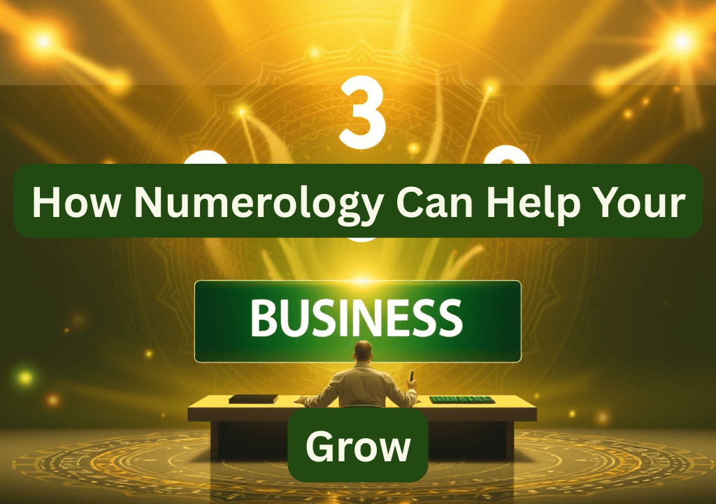 A person sits at a desk facing a bright, golden stage. A large number "3" is prominent above them. The text reads "How Numerology Can Help Your Business Grow