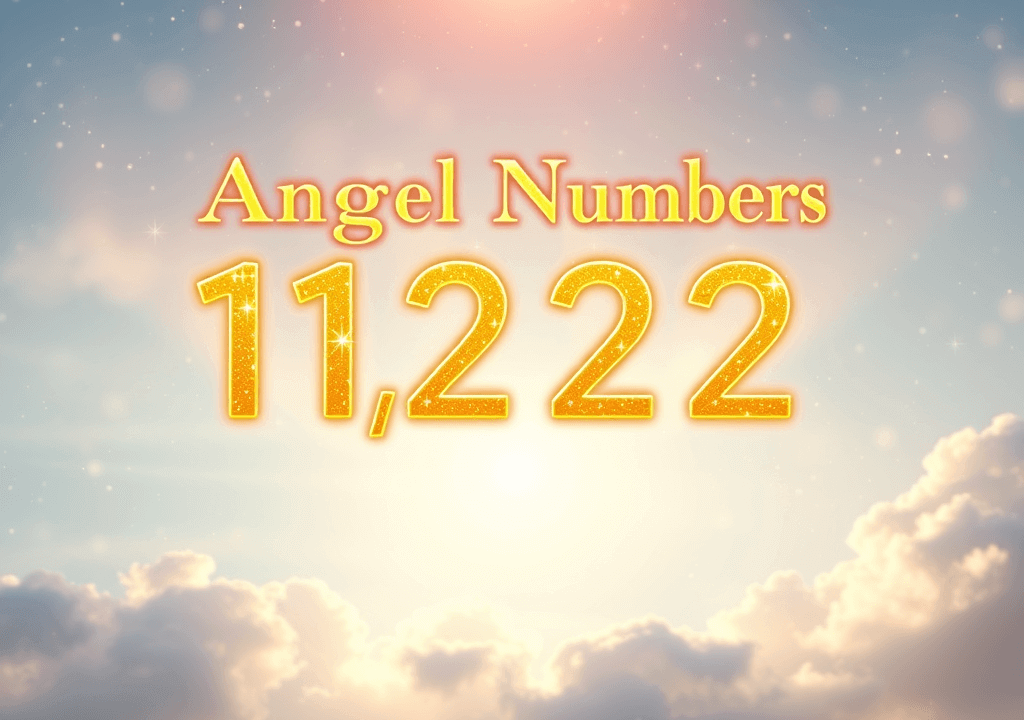 The glowing numbers "11,222" appear against a bright, cloudy sky. The words "Angel Numbers" are above them