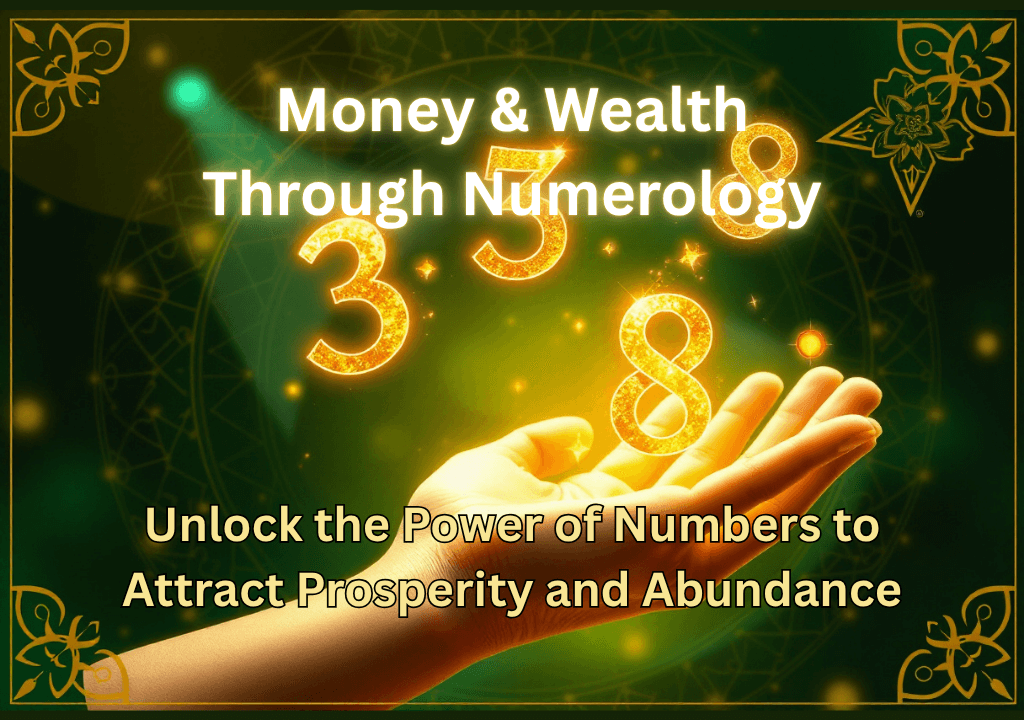 An open hand reaches upwards. Three glowing golden numbers — 3, 5, and 8 — float above it. A dark green background features golden decorative patterns.