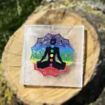 Front view of a 7 Chakra selenite charging plate placed on a wooden block with a natural garden background featuring grass.