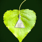 Budh Yantra placed on a green leaf with a dark green background.