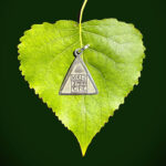 Top view of Pyra Yantra silver pendant placed on a green leaf with a plain dark green background.