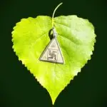 Backside of a silver yantra pendant with embossed swastik symbol, placed on a green leaf against emerald green background